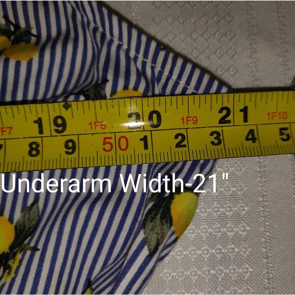 Chloe & Rene Blue Pinstripe Sleeveless Shirt Dress XL Lemon Print Cotton Belted - Picture 14 of 16